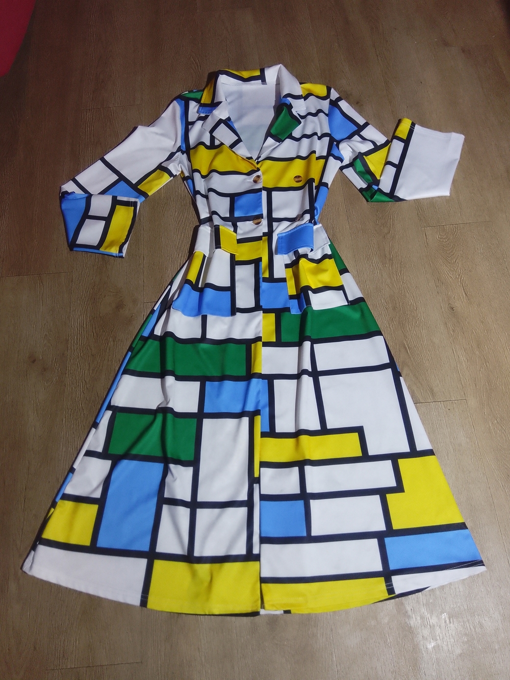 Forever 21 White Geometric Maxi Dress with Blue, Green & Yellow Blocks